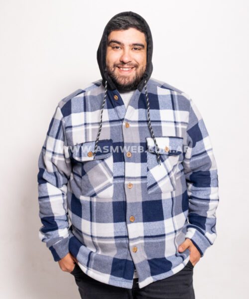 CAMISACO POLAR CON CORDERITO Y CAPUCHA CUADROS AZUL Y BLANCO MIL RAYAS